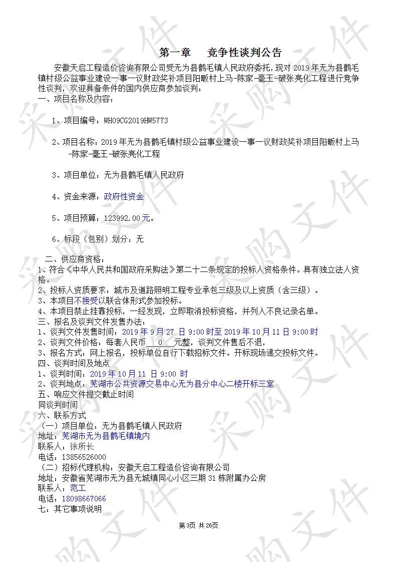  2019年无为县鹤毛镇村级公益事业建设一事一议财政奖补项目阳畈村上马-陈家-毫王-破张亮化工程                       