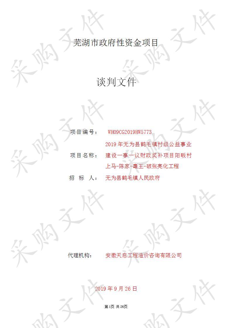  2019年无为县鹤毛镇村级公益事业建设一事一议财政奖补项目阳畈村上马-陈家-毫王-破张亮化工程                       