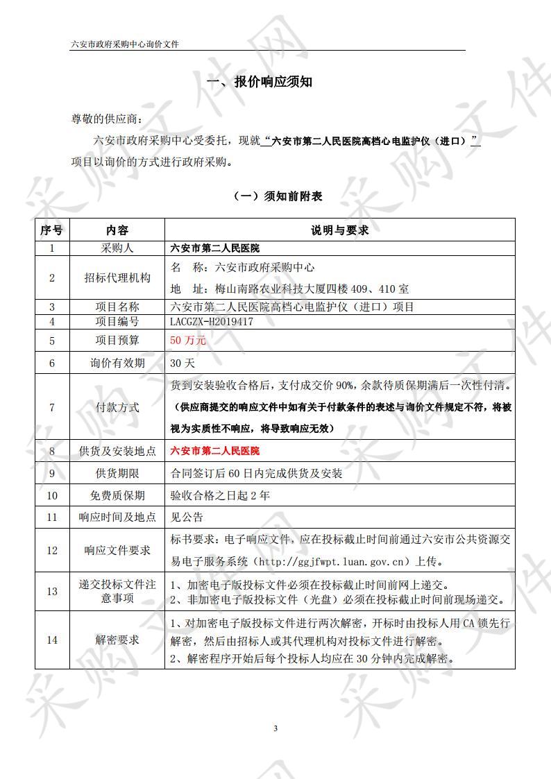 六安市第二人民医院高档心电监护仪（进口）项目询价成交公告