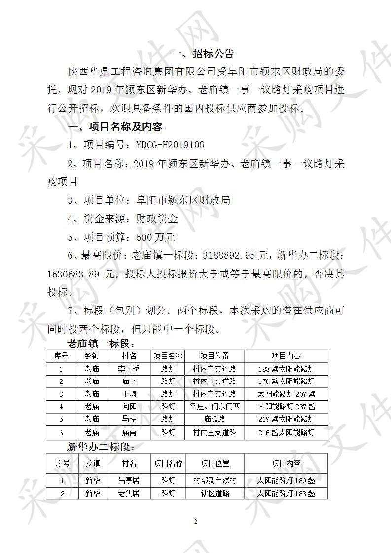 2019年颍东区新华办、老庙镇一事一议路灯采购项目  