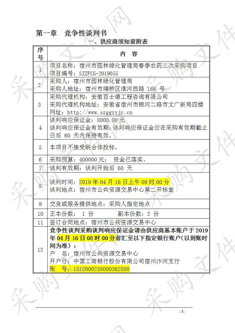 宿州市园林绿化管理局春季农药三次采购项目