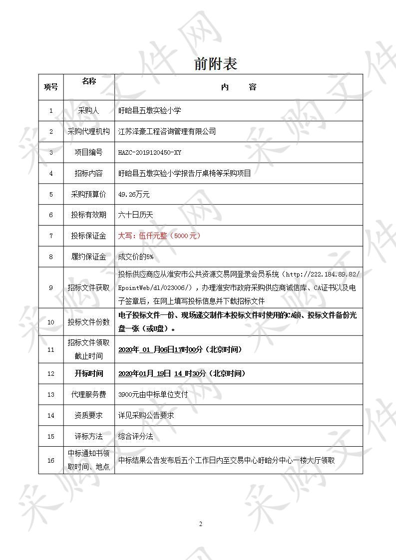 盱眙县五墩实验小学报告厅桌椅等采购项目