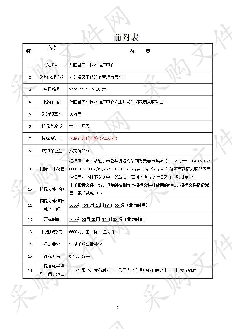 盱眙县农业技术推广中心杀虫灯及生物农药采购项目