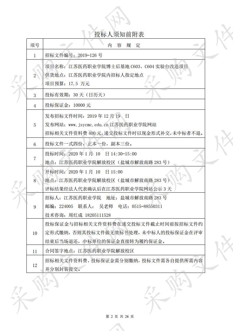 江苏医药职业学院(2019-126号) 博士后基地C603、C604实验台改造项目