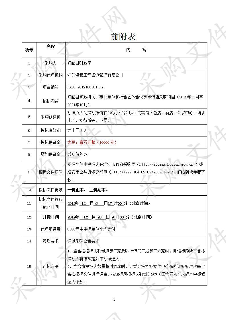 盱眙县党政机关、事业单位和社会团体会议定点饭店采购项目（2019年11月至2021年10月）