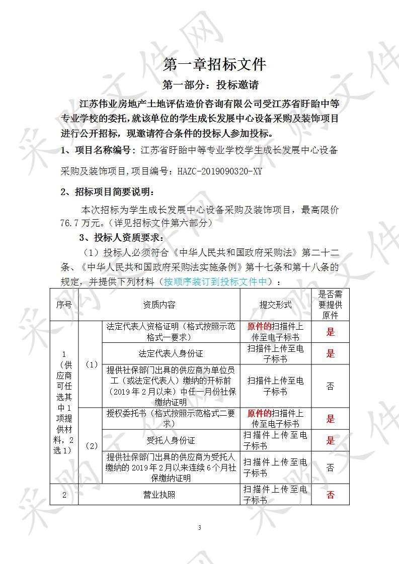 江苏省盱眙中等专业学校学生成长发展中心设备采购及装饰项目