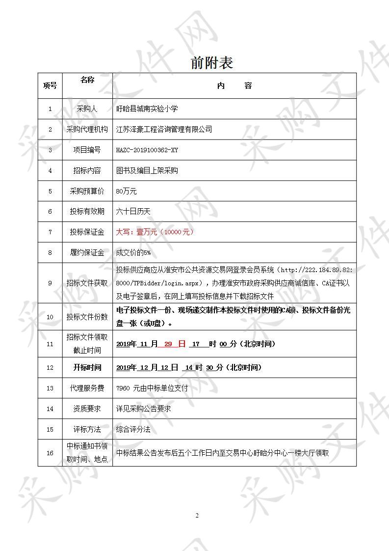 盱眙县城南实验小学图书及编目上架采购项目