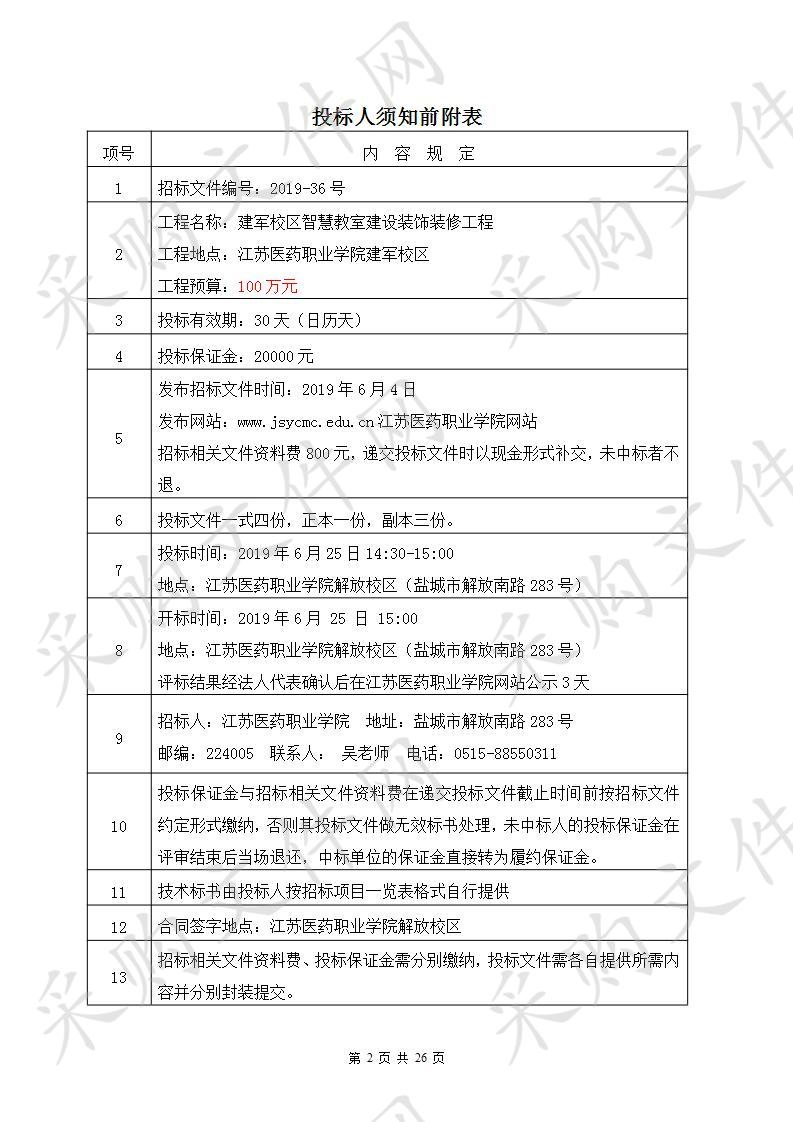 江苏医药职业学院2019-36号建军校区智慧教室建设装饰装修工程