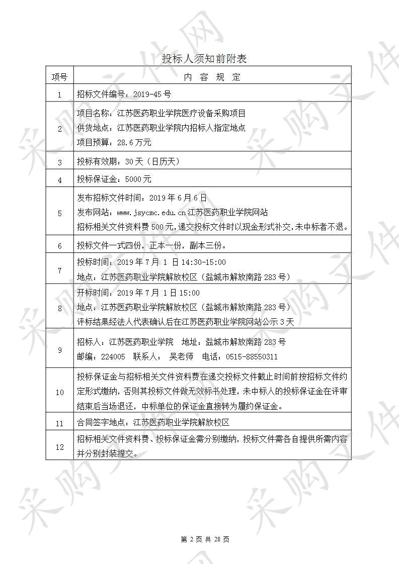 江苏医药职业学院2019-45号医疗设备采购项目