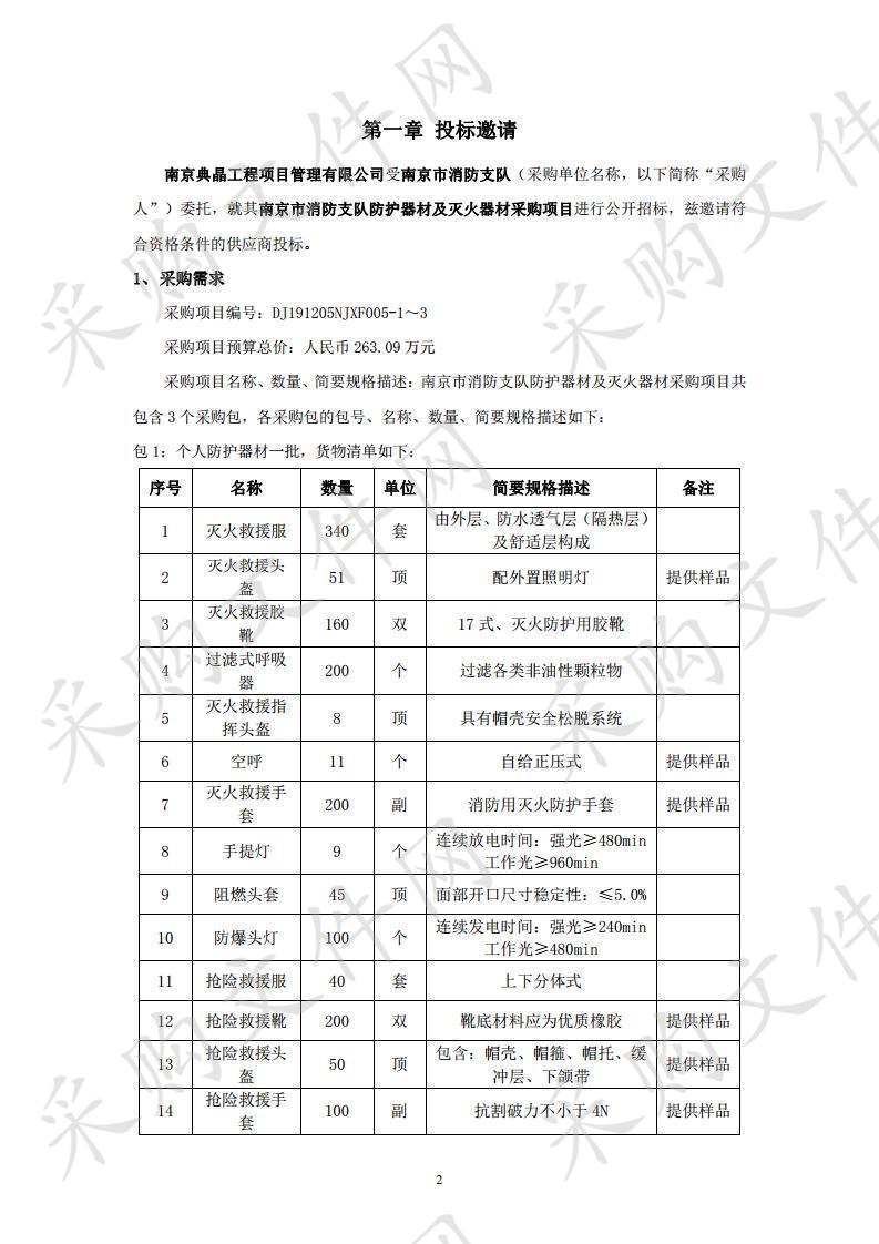 南京市消防支队防护器材及灭火器材采购项目（一包）