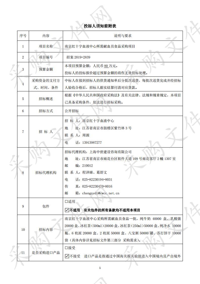 南京红十字血液中心所需献血员食品采购项目