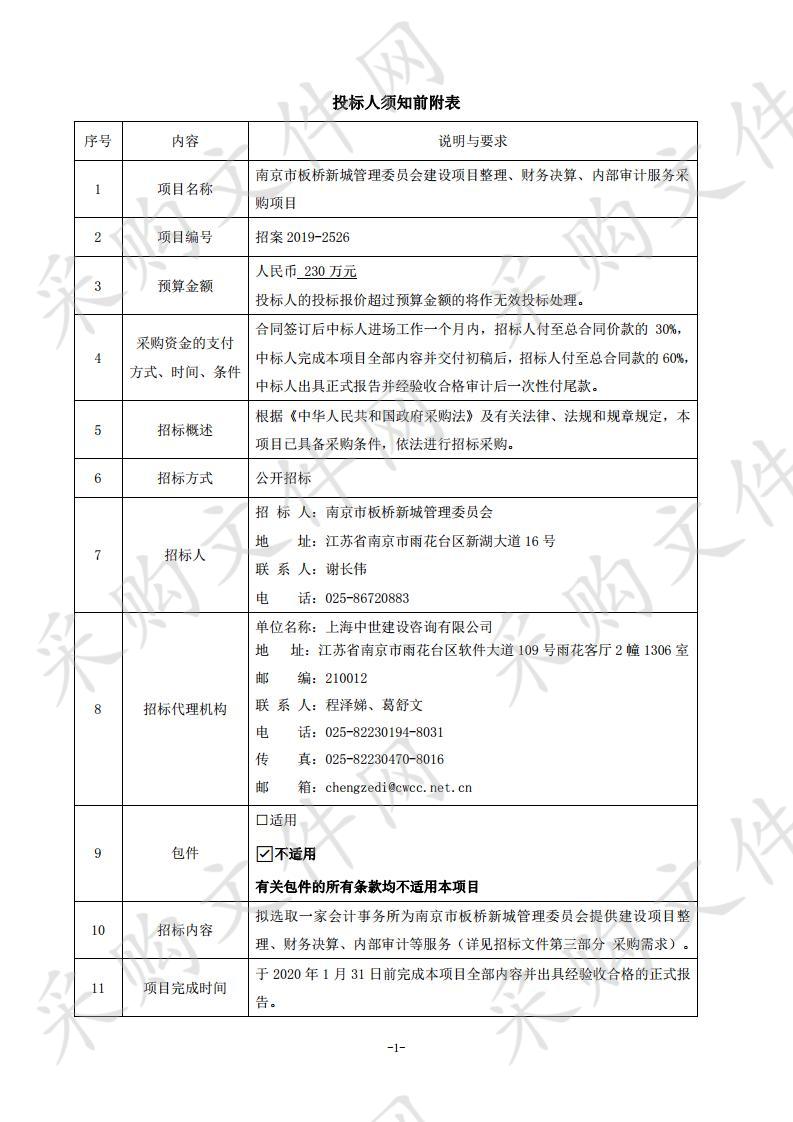 南京市板桥新城管理委员会建设项目整理、财务决算、内部审计服务采购项目