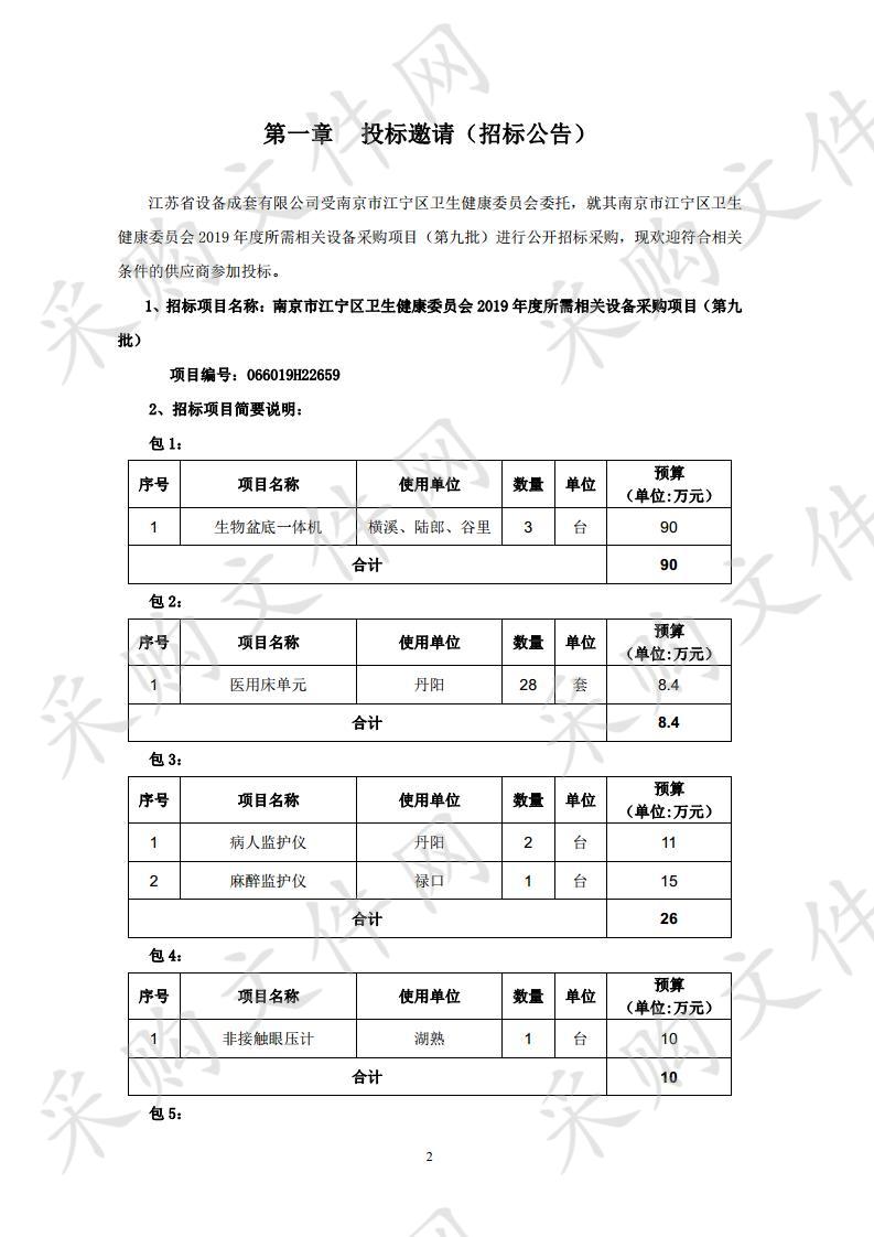 南京市江宁区卫生健康委员会2019年度所需相关设备采购项目（第九批）