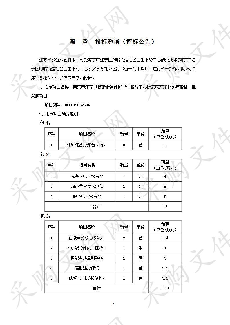 南京市江宁区麒麟街道社区卫生服务中心所需东方红郡医疗设备一批采购项目