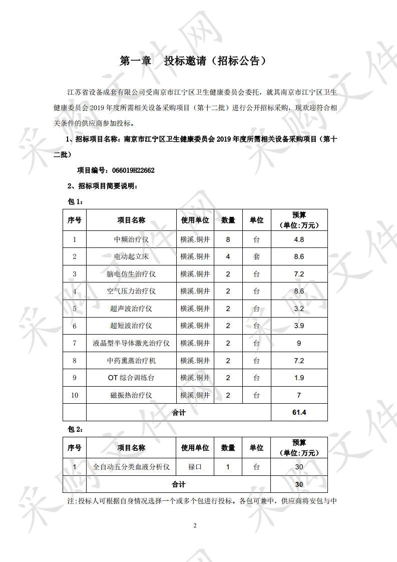 南京市江宁区卫生健康委员会2019年度所需相关设备采购项目（第十二批）