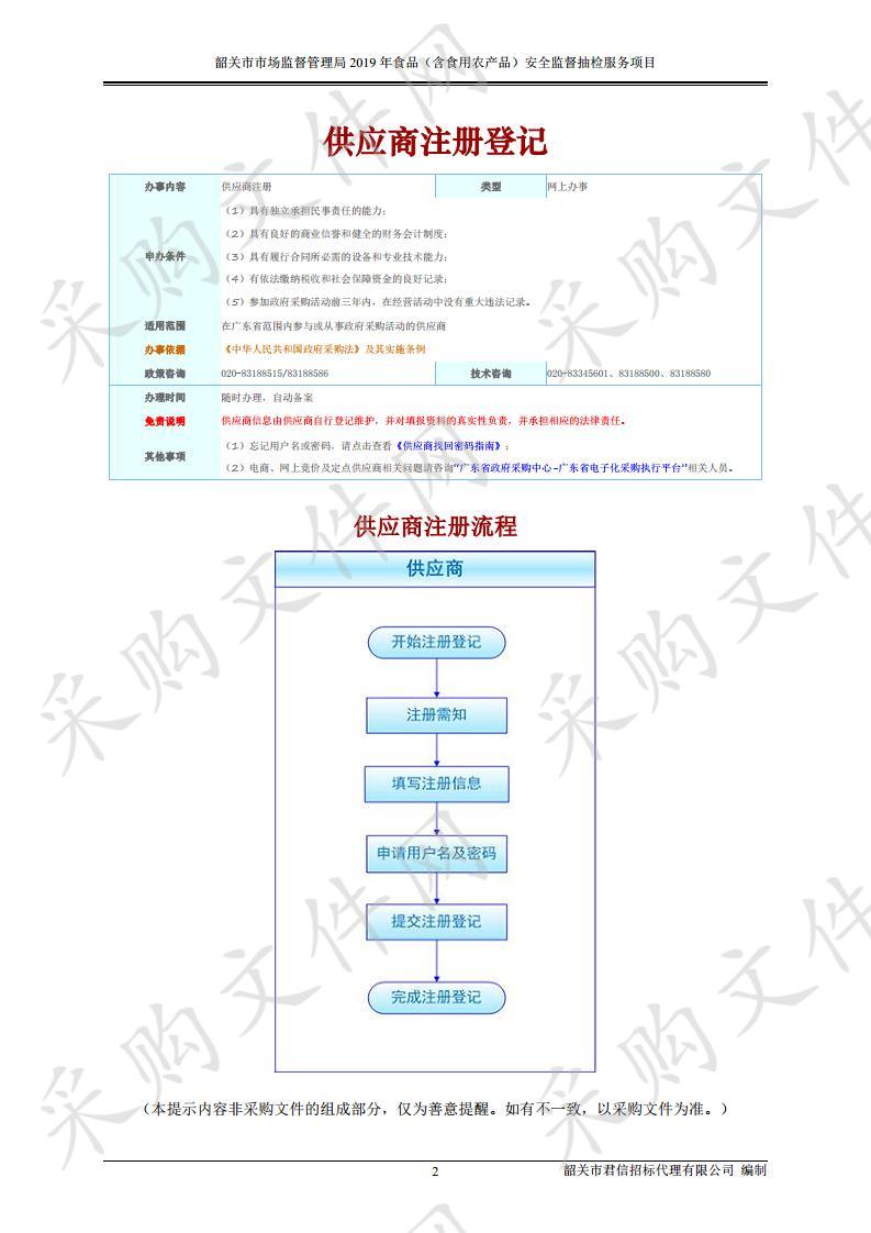 韶关市市场监督管理局2019年食品（含食用农产品）安全监督抽检服务项目