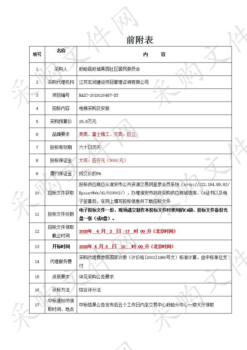 盱眙县盱城果园社区居民委员会无机房观光电梯采购及安装项目