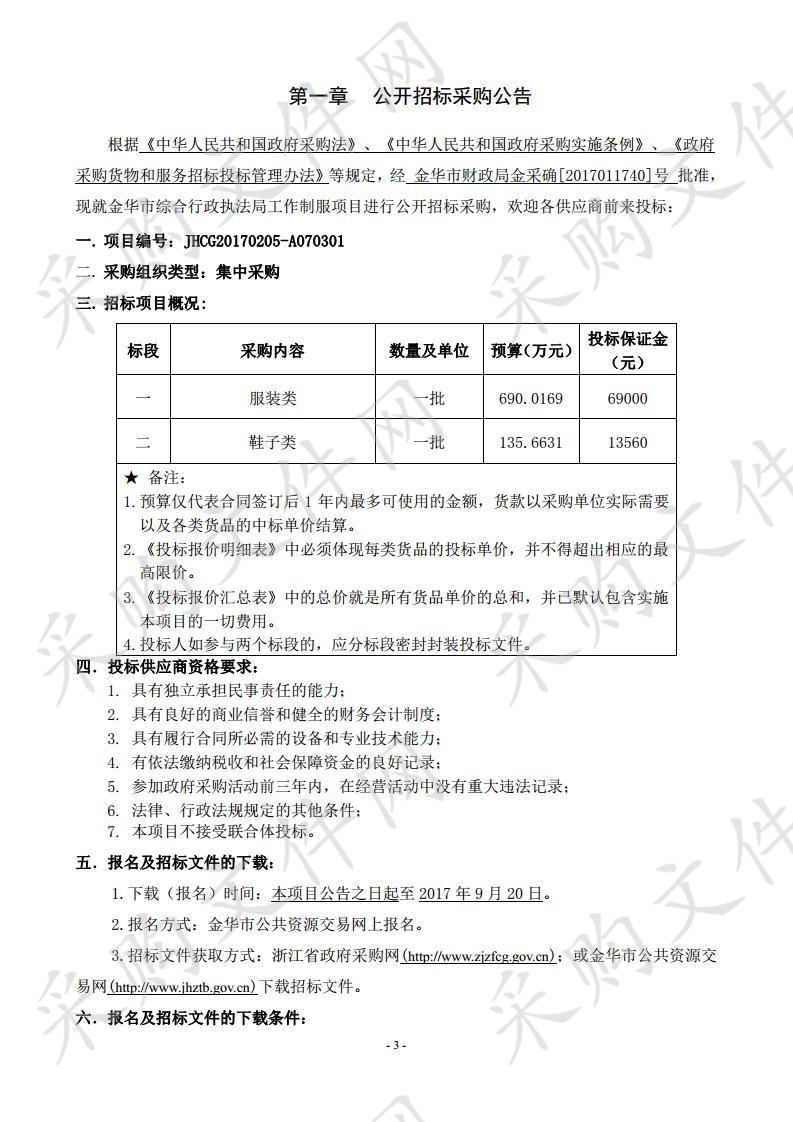 金华市综合行政执法 局工作制服项目