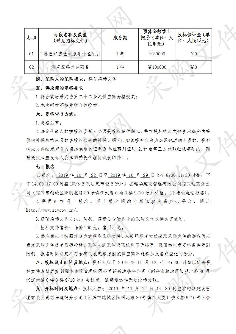 绍兴市疾病预防控制中心T淋巴细胞检测及测序服务外包项目