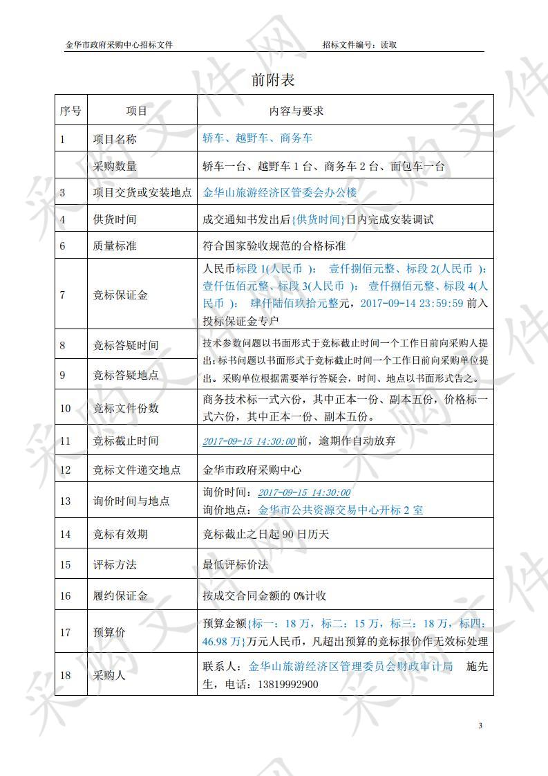 金华山旅游经济区管理委员会财政审计局轿车、越野车、商务车项目