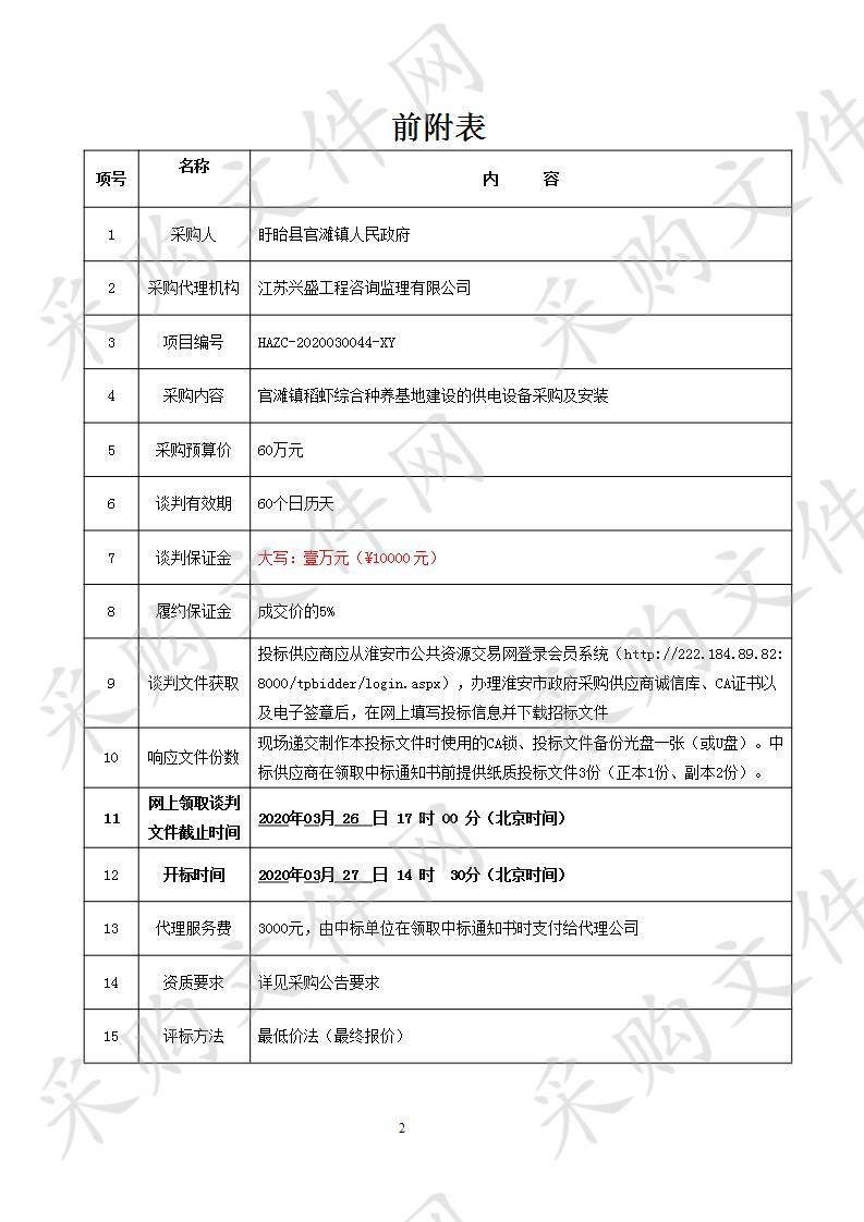 官滩镇稻虾综合种养基地建设的供电设备采购及安装项目