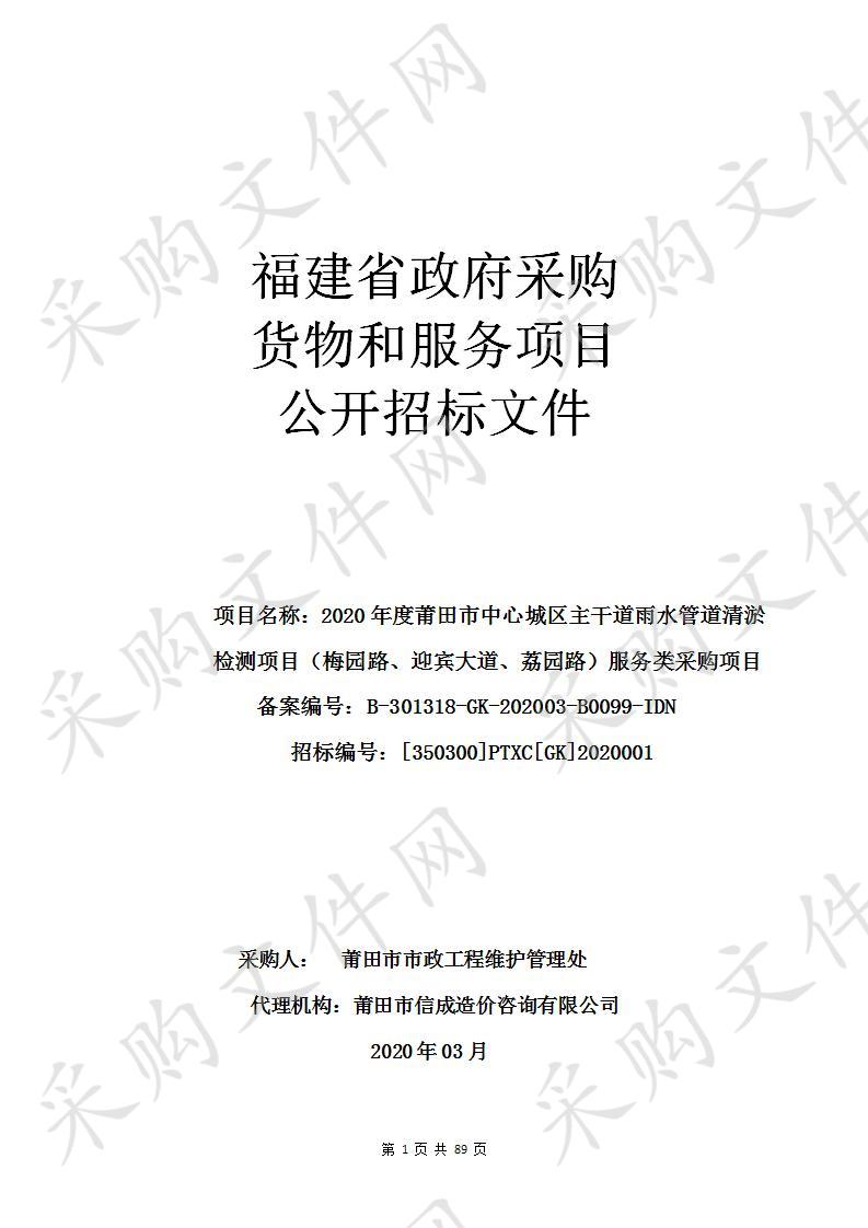 2020年度莆田市中心城区主干道雨水管道清淤检测项目（梅园路、迎宾大道、荔园路）服务类采购项目