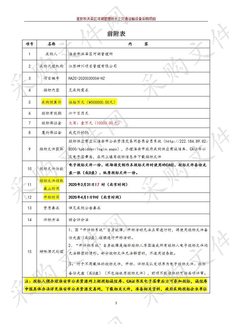 淮安市洪泽区河湖管理所水上交通运输设备采购项目