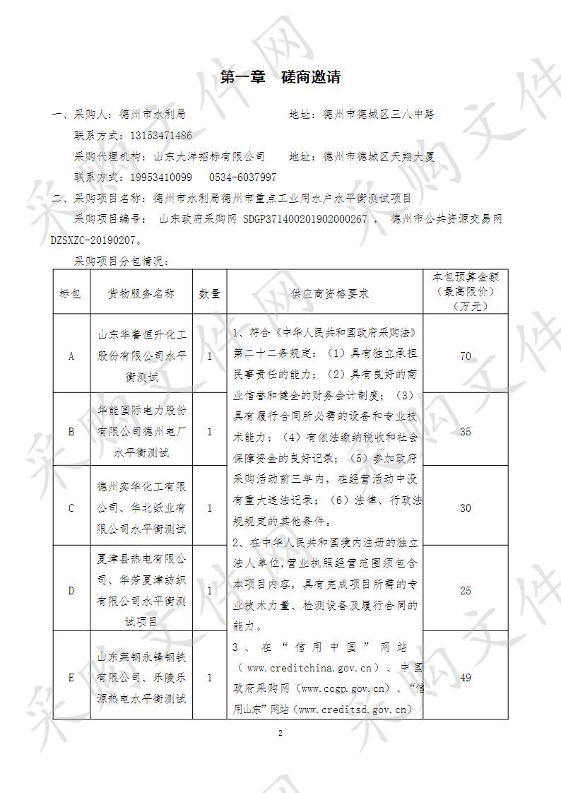 德州市水利局德州市重点工业用水户水平衡测试项目