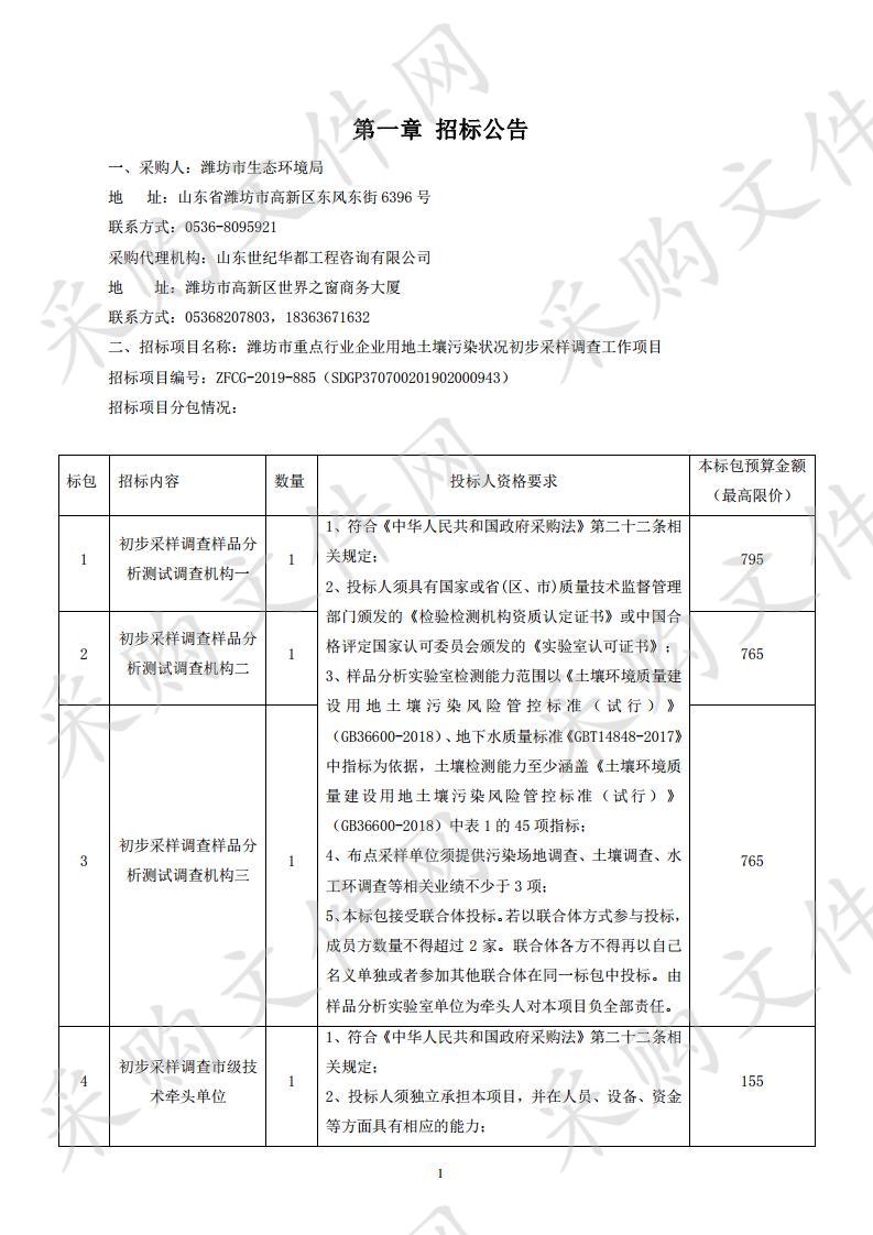 潍坊市重点行业企业用地土壤污染状况初步采样调查工作项目