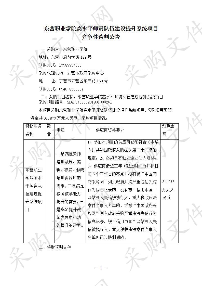 东营职业学院高水平师资队伍建设提升系统项目     