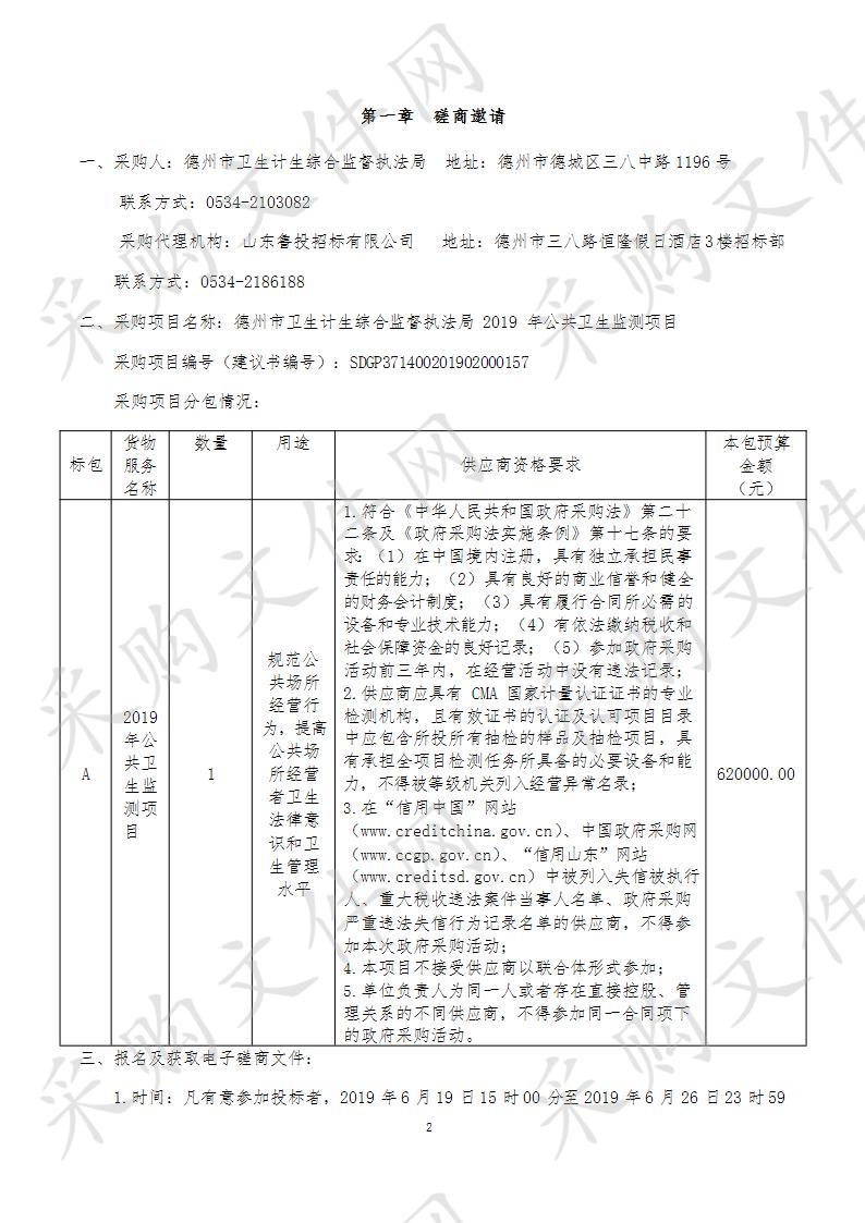 德州市卫生计生综合监督执法局2019年公共卫生监测项目