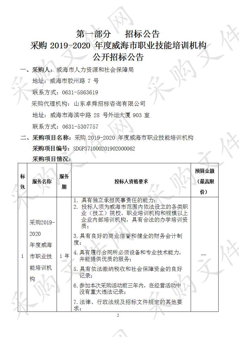 采购 2019-2020 年度威海市职业技能培训机构