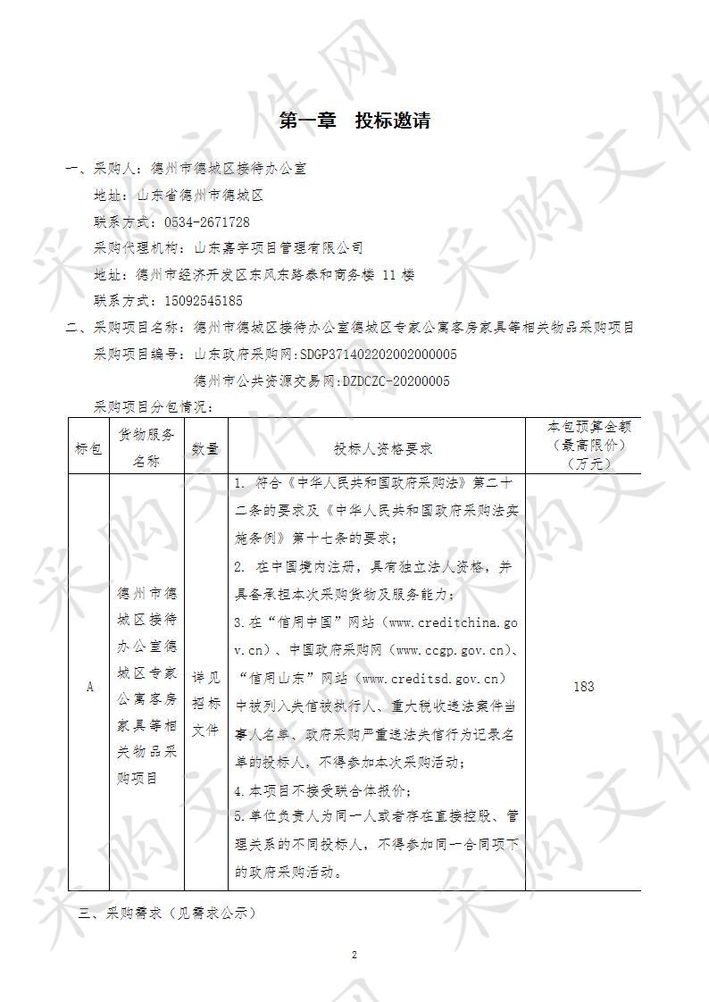 德州市德城区接待办公室德城区专家公寓客房家具等相关物品采购项目