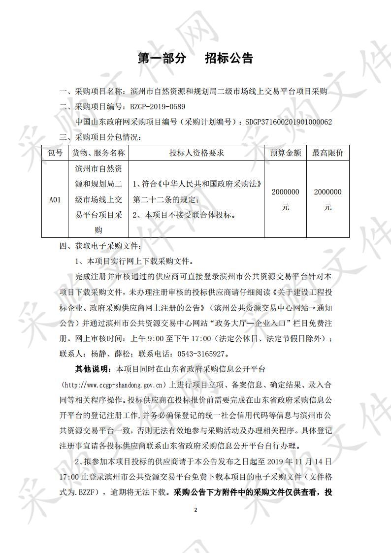 滨州市自然资源和规划局二级市场线上交易平台项目采购项目