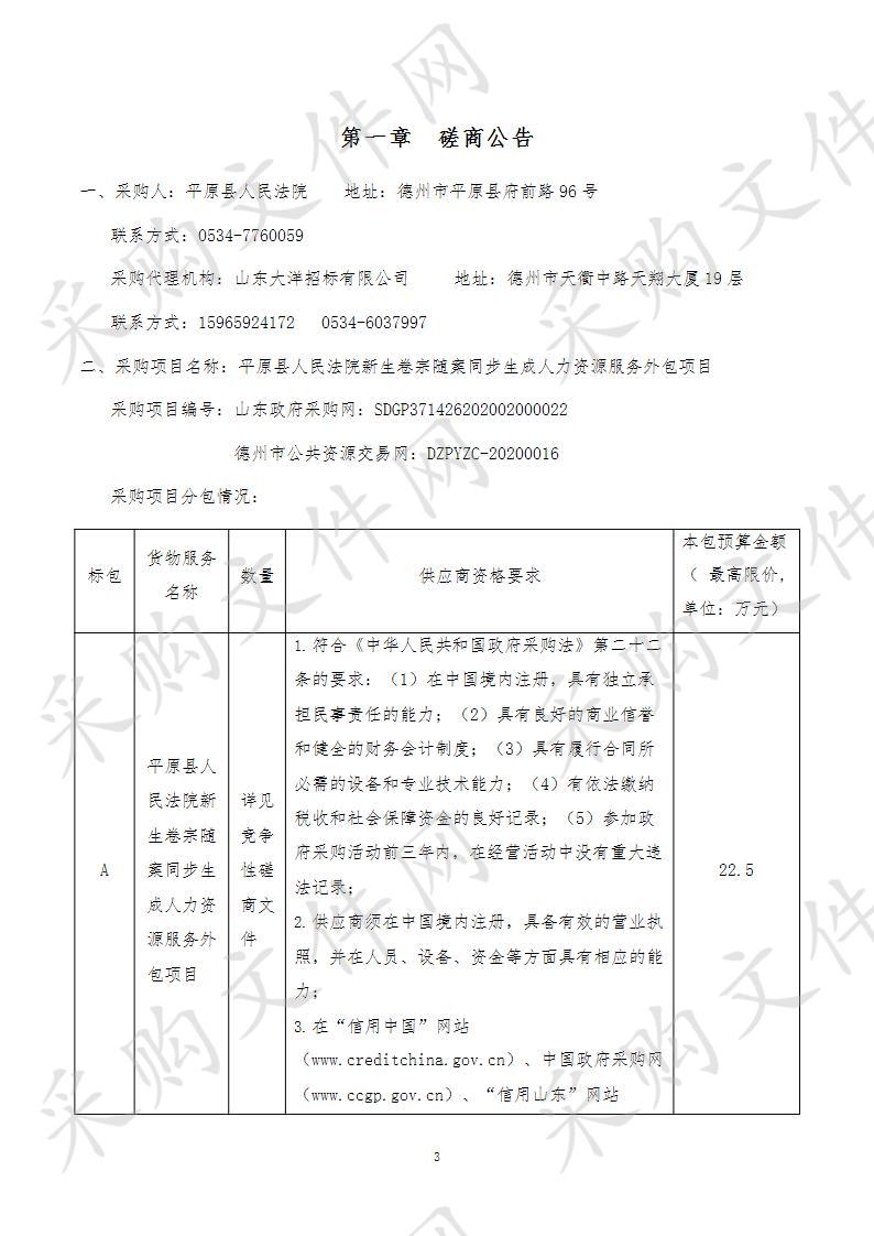 平原县人民法院新生卷宗随案同步生成人力资源服务外包项目