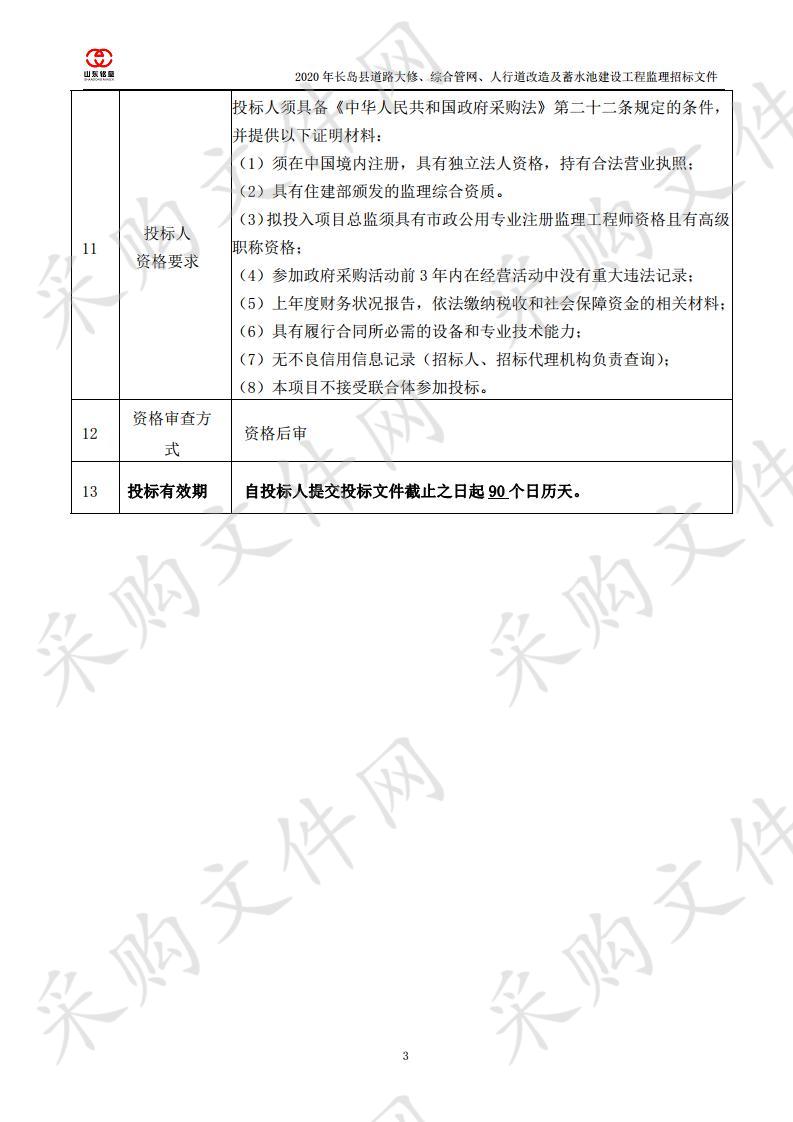 2020年长岛县道路大修、综合管网、人行道改造及蓄水池建设工程监理