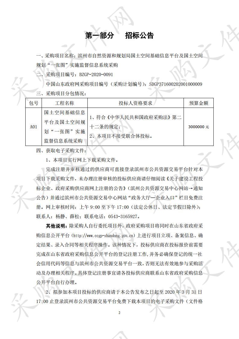 滨州市自然资源和规划局国土空间基础信息平台及国土空间规划“一张图”实施监督信息系统采购