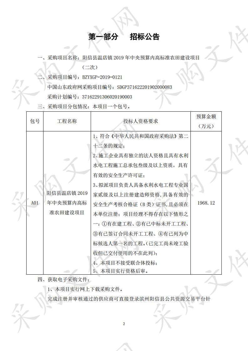 阳信县温店镇2019年中央预算内高标准农田建设项目