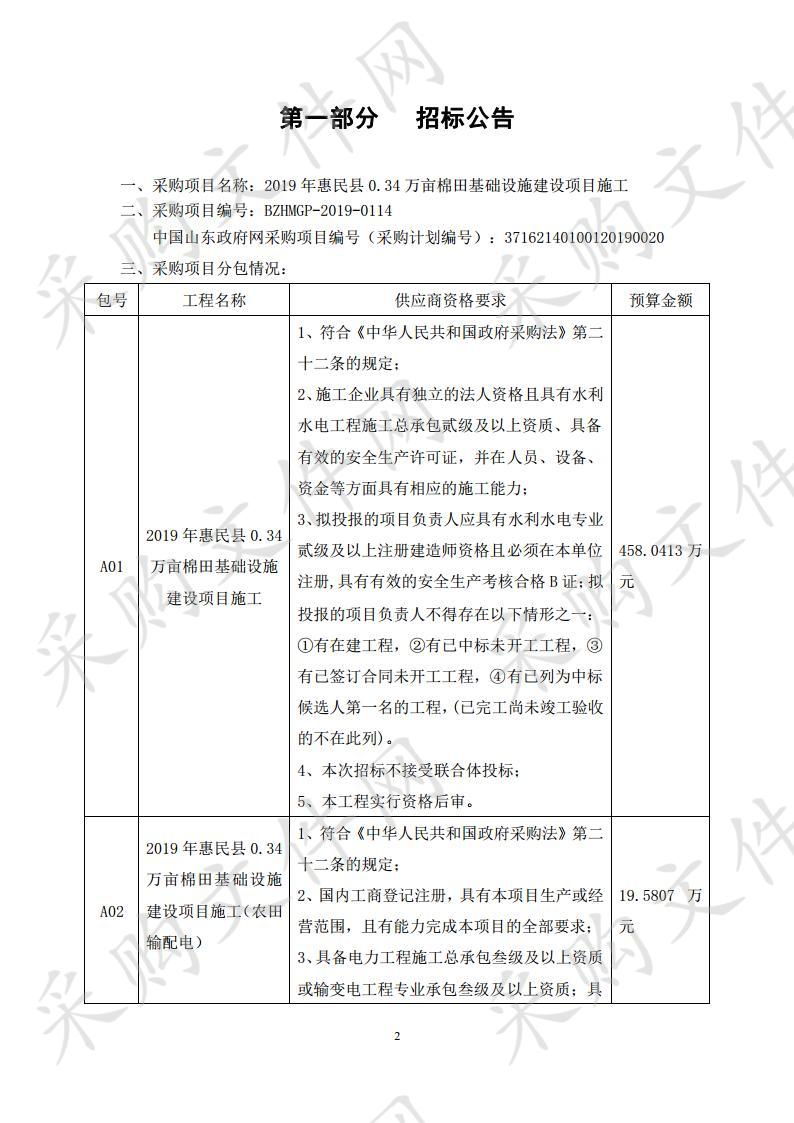 2019年惠民县0.34万亩棉田基础设施建设项目施工