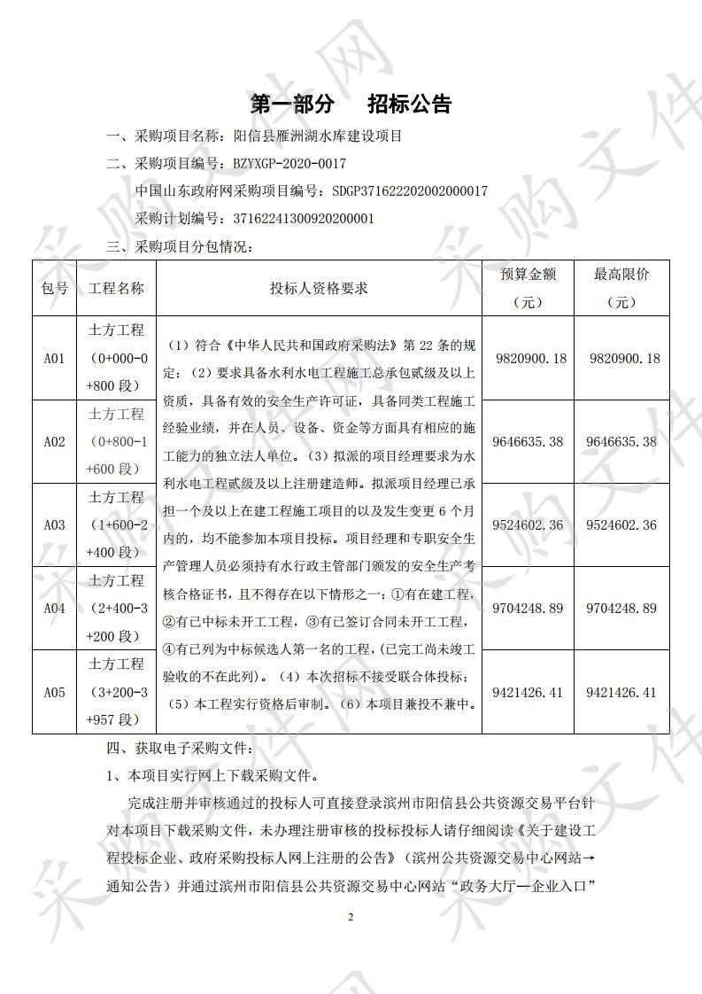 阳信县雁洲湖水库建设项目