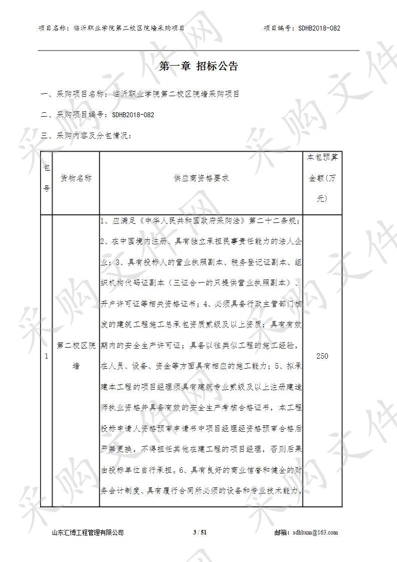 临沂职业学院第二校区院墙采购项目