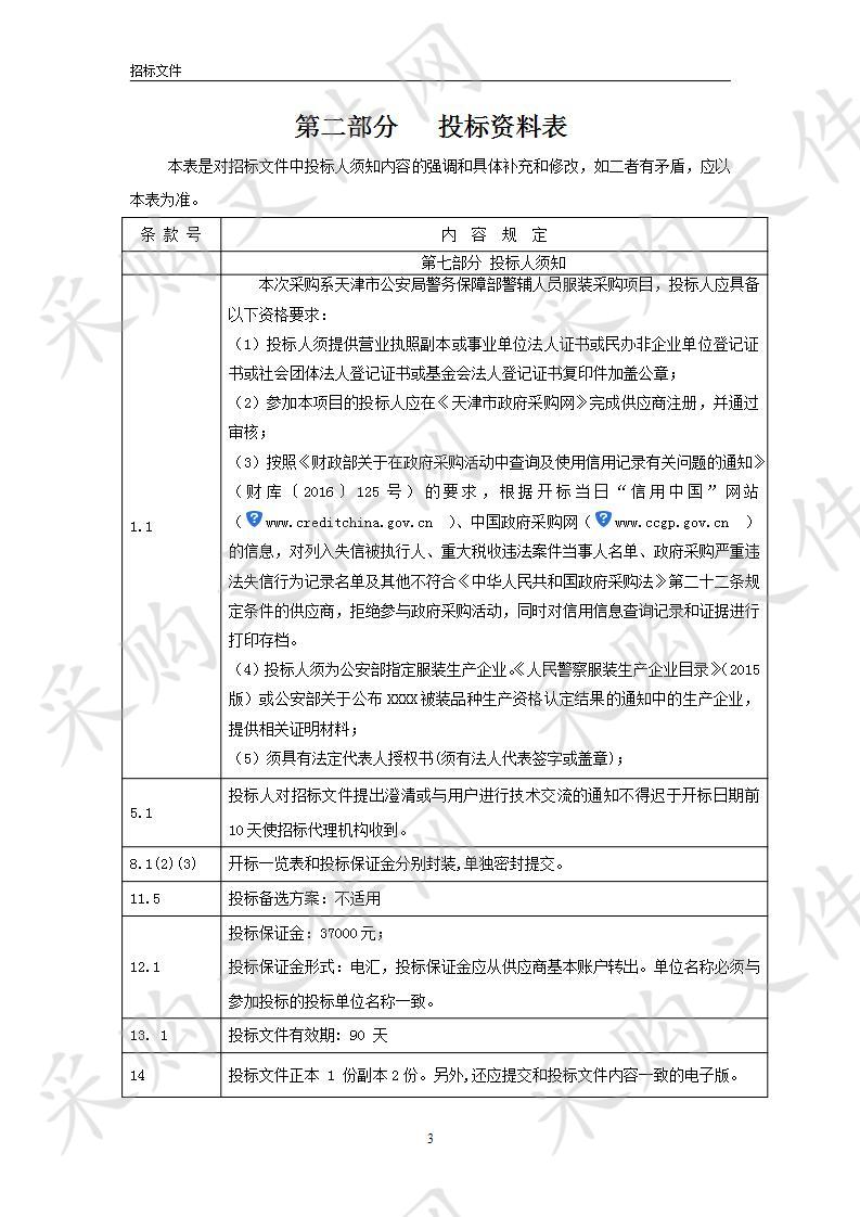 天津市公安局警务保障部警辅人员服装采购项目