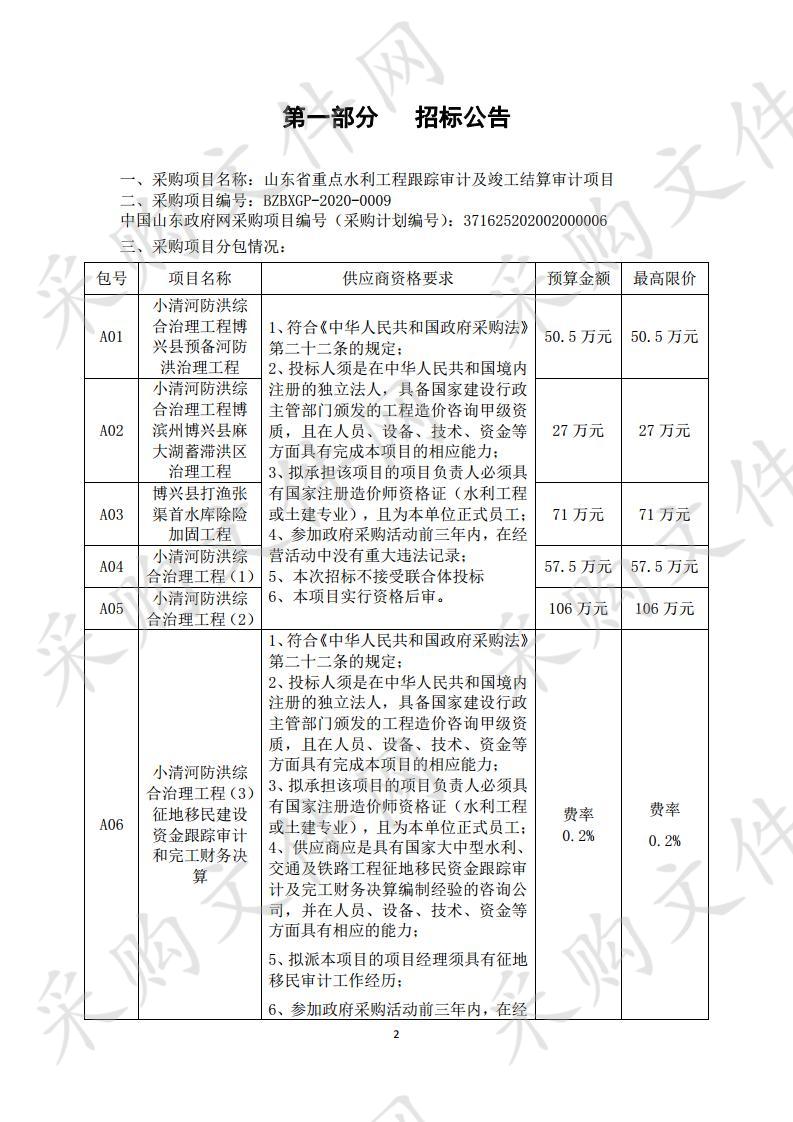 山东省重点水利工程跟踪审计及竣工结算审计项目