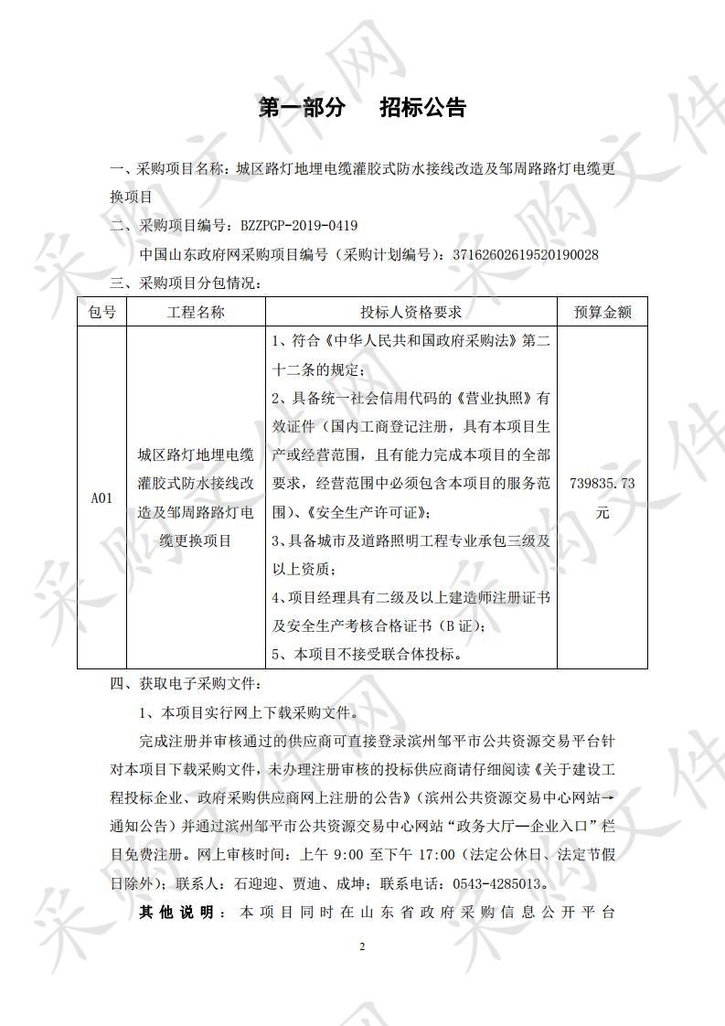 邹平市城区路灯地埋电缆灌胶式防水接线改造及邹周路路灯电缆更换项目