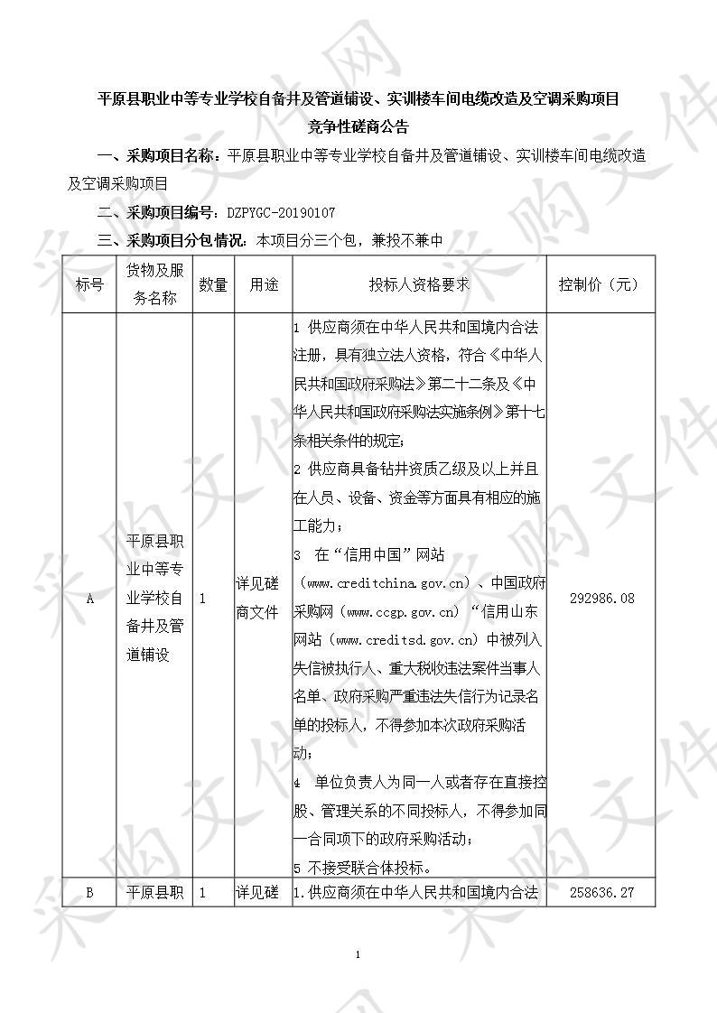 平原县职业中等专业学校自备井及管道铺设、实训楼车间电缆改造及空调采购项目