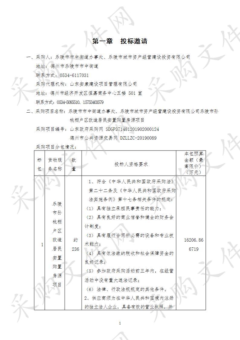 乐陵市市中街道办事处、乐陵市城市资产经营建设投资有限公司乐陵市孙桃棚户区改造居民安置购置房源项目