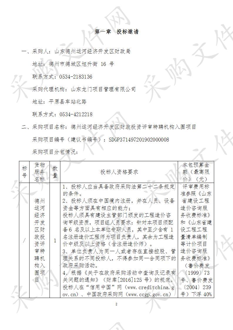 德州运河经济开发区财政投资评审特聘机构入围项目