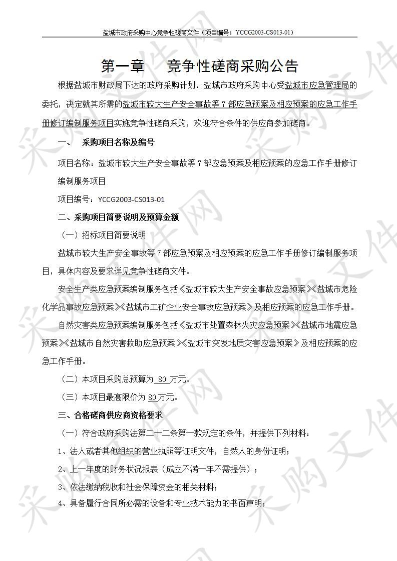 盐城市较大生产安全事故等7部应急预案及相应预案的应急工作手册修订编制服务项目