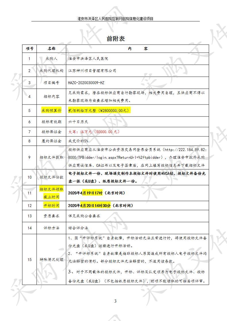 淮安市洪泽区人民医院互联网医院信息化建设项目