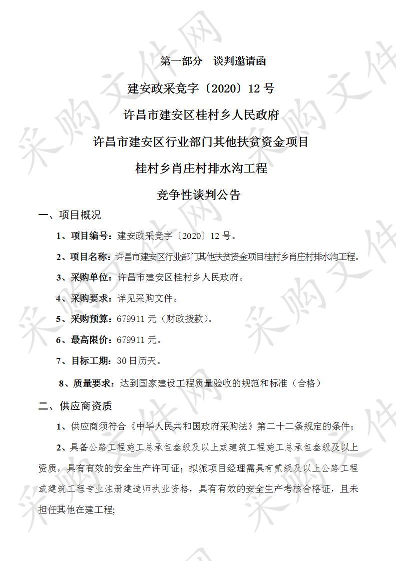 许昌市建安区行业部门其他扶贫资金项目桂村乡肖庄村排水沟工程